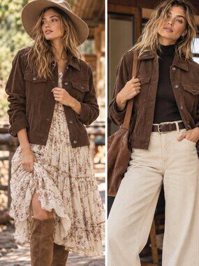 Preppy Chocolate Brown Corduroy Button-Up Jacket Women Size M